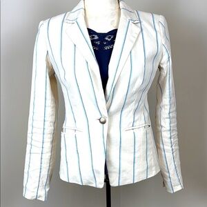 Loft Striped Linen Blazer Size 2 One Button Pocket Jacket Cream w blue stripes